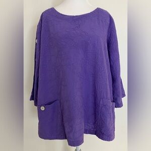 Purple Crepe Blouse Medium Buttons Sleeves Focus Brand Pockets Embroider Artsy